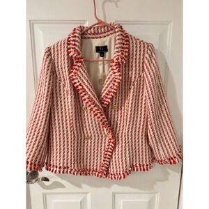 G by Giuliana Red White Striped Tweed Fringe Double Breasted Blazer Large